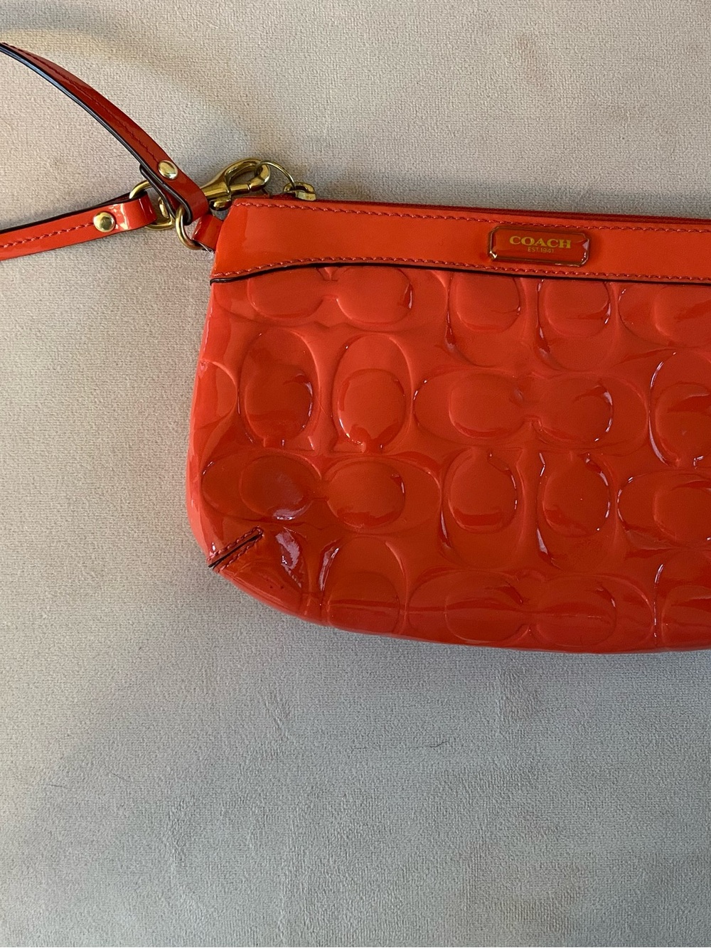Coach Orange Patent Signature Wristlet